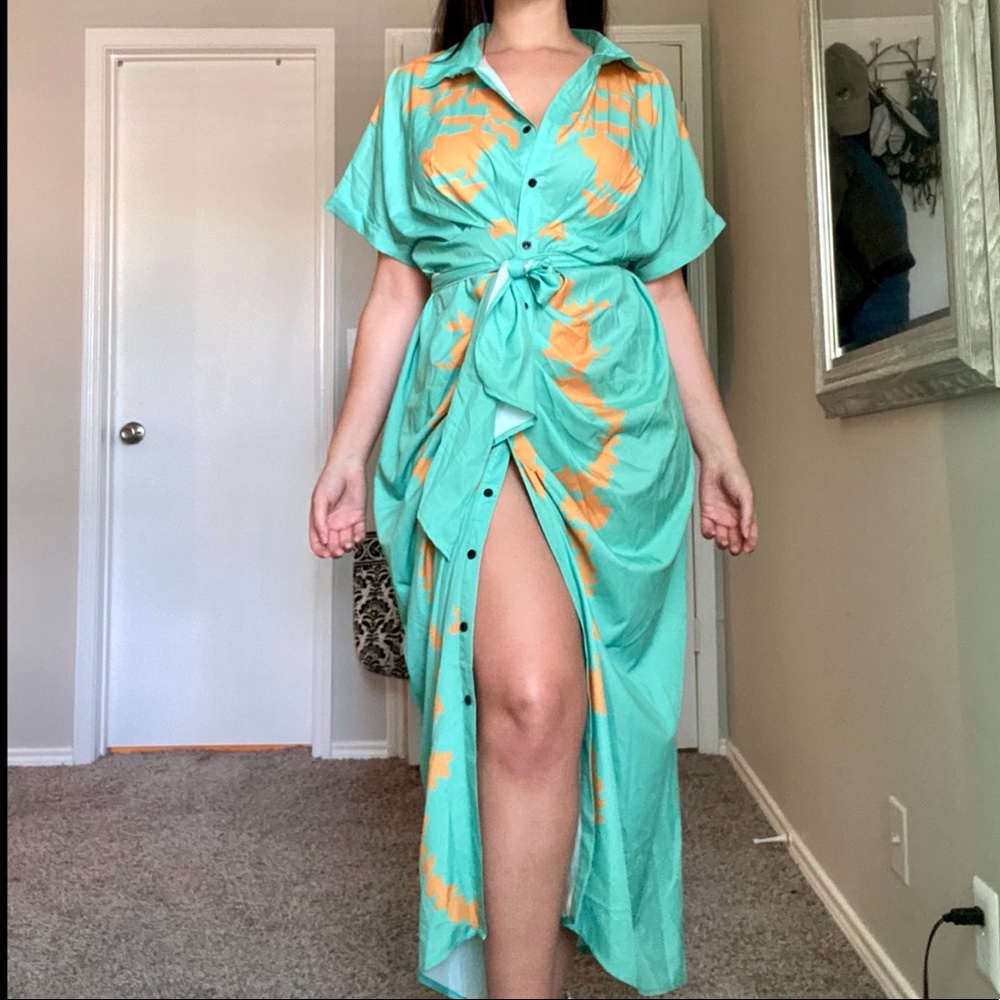 Mint contemporary maxi dress with orange accents. - Picture 13 of 16